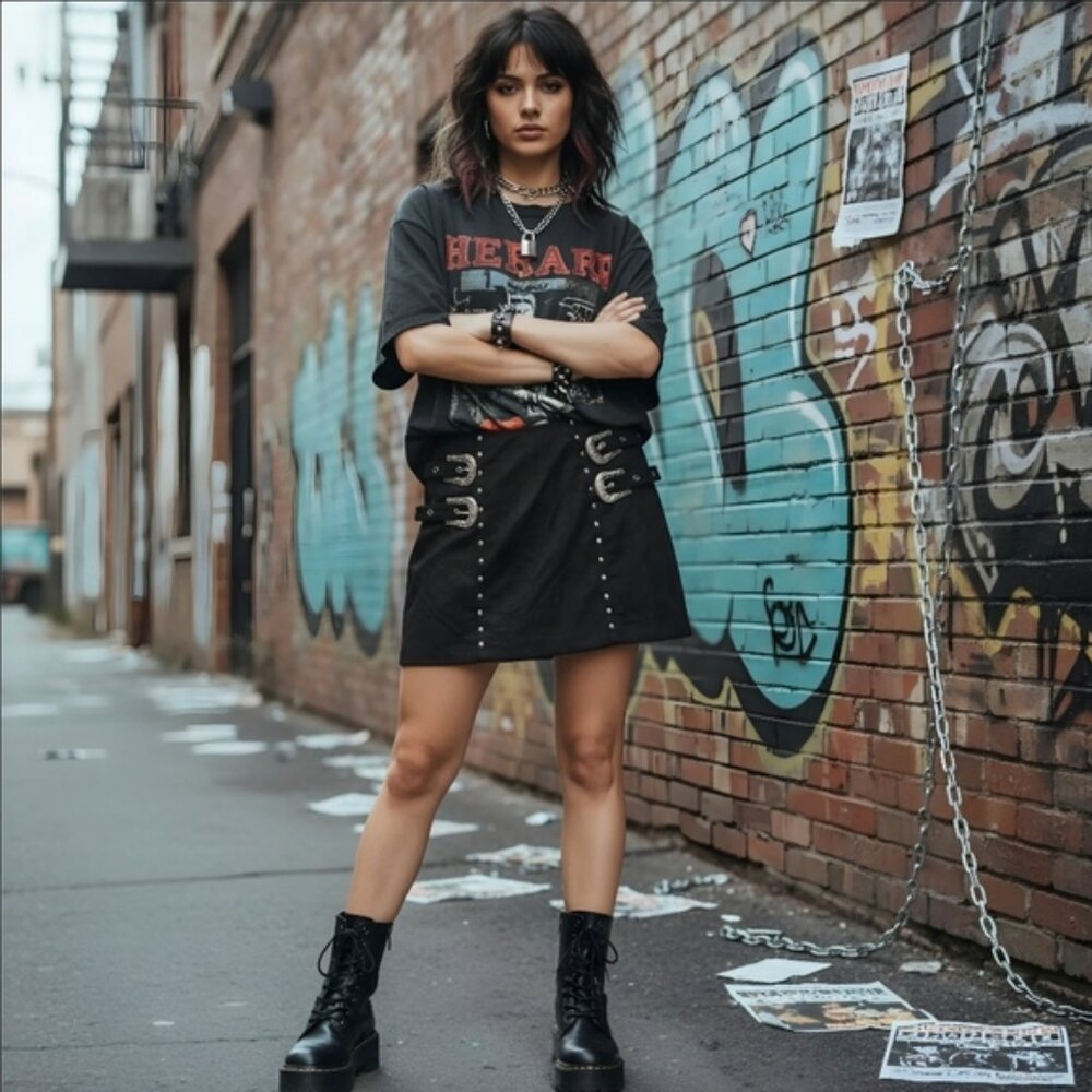 Forever 21 ✦ Black Vegan Suede Mini Skirt ✦ Silver Western Buckles Rivet Detail